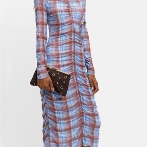 Elegant Blue and Red Plaid Long Sleeve Dress